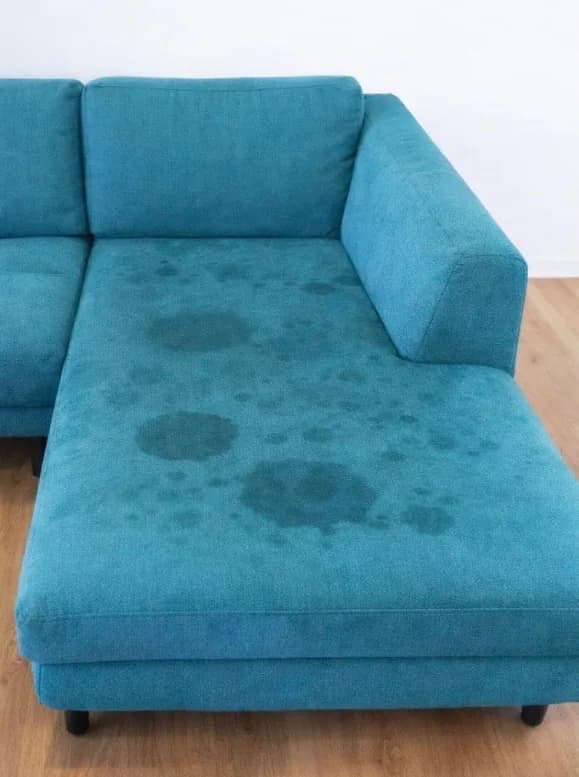 Canapé bleu taché avant nettoyage avec la shampouineuse Bissell